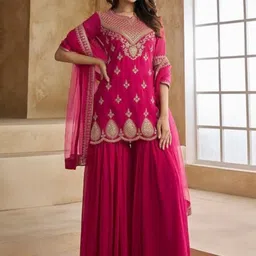 HERE&NOW Women Ethnic Motifs Embroidered Regular Thread Work Kurta with Sharara & With Dupatta-picture-21