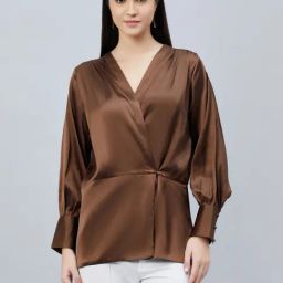 First Resort By Ramola Bachchan Brown Wrap Embellished Satin Shirt-image-12