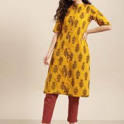 Sangria Women Mustard Yellow & Black Ethnic Motif Printed Kurta with Trousers-9