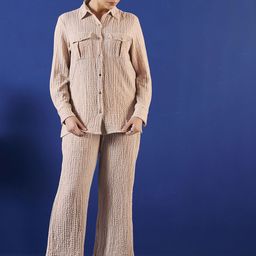Anouk Self Design Long Sleeves Shirt With Trousers-4