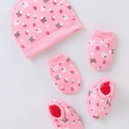 Babyhug 100% Cotton Cap Mittens & Booties Strawberry Printed - Diameter 11 cm-image-64