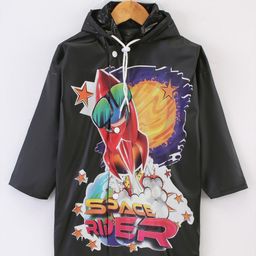 Clownfish Full Sleeves Hooded Raincoat Space Rider Cartoon Print - Black-image-32