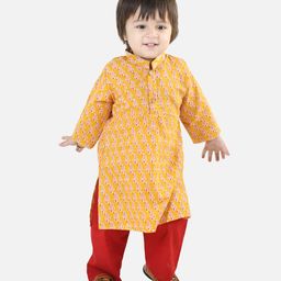 BownBee Pure Cotton Full Sleeve Motif Printed Kurta Pajama For Boys - Yellow-image-45