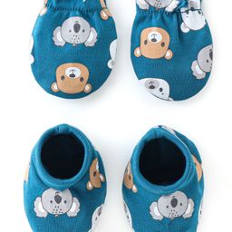 Babyhug 100% Cotton Mittens & Booties Bear Print - Blue-image-8