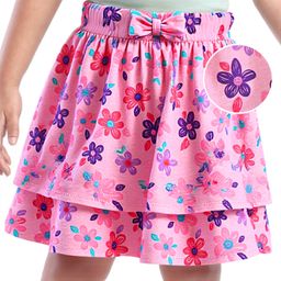 Babyhug Single Jersey Knit Mid Thigh Length Layered Skirt with Bow Applique & Floral Print - Pink-image-41