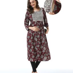 Bella Mama Woven  Three Fourth Sleeves Maternity Kurta Floral Print & Embroidered Yoke  - Maroon-image-93