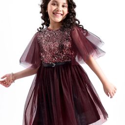 Hola Bonita Flutter Sleeves Party Frock with Sequin & Glitter Detailing  - Red-picture-31