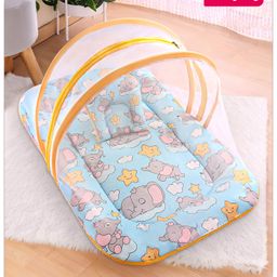 Babyhug Cotton Mattress Set with Mosquito Net Elephant Print - Blue-16
