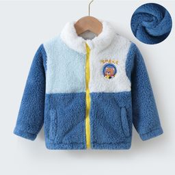 Kookie Kids Full Sleeves High Neck Winter Fur Jacket With Bear Patch Detailing - Blue-image-121
