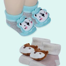 Baby Moo Pack of 2 Fox & Bear Detailed Anti Skid Socks - Beige & Green-image-69