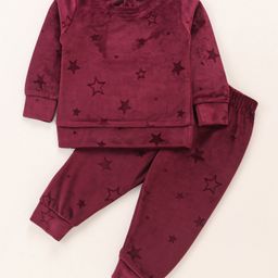 Babyhug Velour Woven Full Sleeves Winter Wear Co-Ord Suit With Stars Print - Wine-image-80