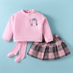 Little Kangaroos Woven Full Sleeves Winter Wear Sweatshirt & Checkered Skirt With Animal Embroidery & Stockings - Baby Pink-image-14