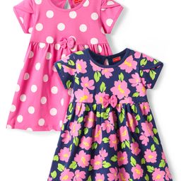 Babyhug Single Jersey Knit Half Sleeves Floral & Polka Dots Printed Frocks with Bow Applique Pack of 2 - Navy Blue & Pink-picture-22