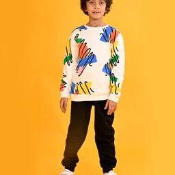 Anthrilo Fleeces Full Sleeves Shapes Printed Sweatshirt With Jogger - White & Black-image-65