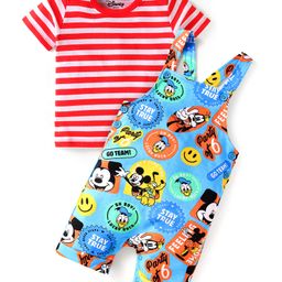 Babyhug Disney Single Jersey KnitHalf Sleeve T-Shirt And Dungaree Set With Mickey Mouse Graphic - Red& Blue-image-36
