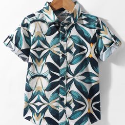 JASH KIDS Cotton Woven Half Sleeves Shirt With Floral Print - Green-image-22