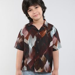 Taffykids Half Sleeves Abstract Printed Oversized Shirt - Brown & Multi Colour-image-1