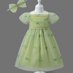 Mark & Mia Half Puffed Sleeves Party Frock with Headband & Butterfly Print - Light Green-picture-23