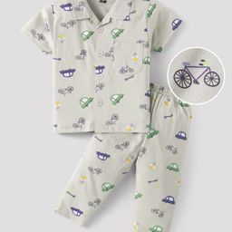Evimo Single Jersey Knit Half Sleeves Co-ords Night Suit with Vehicle Print - Light Green-image-60