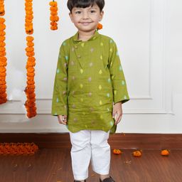Polka Tots Cotton Full Sleeves Leaves Embroidered Kurta Pyjama Set - Dark Green-image-15