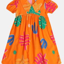 MINI KLUB Blended Half Sleeves Abstract Printed Dress - Orange-image-77