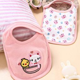 Babyhug Cotton Snap Buttons Closure Bibs Kitty Embroidery & Print Pack of 2 - Peach & White-image-97
