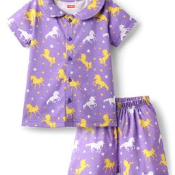 Babyhug Cotton Knit Half Sleeves Front Open Shorts Co-ord Night Suit With Unicorn Print - Purple-image-76