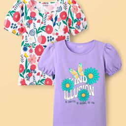 Honeyhap Premium 100% Cotton Knit Half Puffed Sleeves Tops with Bio Wash Tropical Theme Print Pack of 2 - Bright White & Lavender-image-76