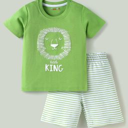 Kookie Kids Single Jersey Knit Half Sleeves Shorts Night Suit With Lion Print - Green-image-55