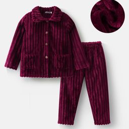 Mark & Mia Full Sleeves Front Open Co-ords Winter Wear Night Suit - Maroon-image-0