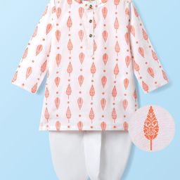 Earthy Touch Woven Mandarin Collar Full Sleeves Kurta Dhoti Set With Floral Print - White-image-73