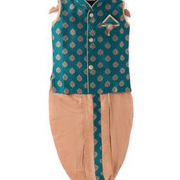 Dapper Dudes Sleeveless Ethnic Motifs Embroidered Coordinating Dhoti Kurta - Rama Green-image-45
