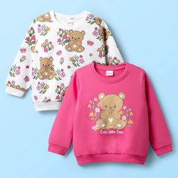 Babyhug Cotton Knit Full Sleeves Sweatshirts with Floral & Bear Print Pack of 2 - White & Pink-image-25