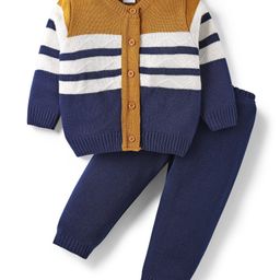 Babyhug Knit Full Sleeves Striped Front Open Sweater Set - Navy Blue-picture-4