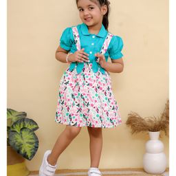 Superminis Cotton Woven Half Puffed Sleeves Solid Shirt Style Top & Birds Printed Pinafore Dress Set - Green-image-80
