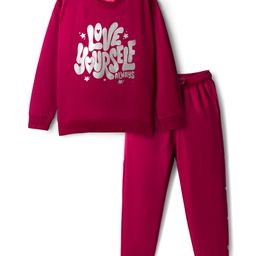Honeyhap Premium 100% Cotton Terry Knit Winter Wear Suits with Bio Finish & Love Yourself Text Print - Wine-picture-18
