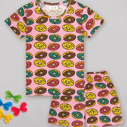 Sheer Love Lycra Knit Half Sleeves Doughnuts Printed Coordinating Night Suit Set - Multi Colour-image-74
