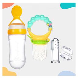 Kritiu Baby Silicone Fruit Nibbler Soother Squeezy Food Feeder Bottle With Spoon & Fingure Toothbrush -(Pack of-3)- Yellow-18