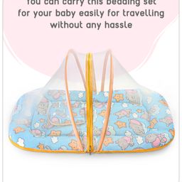 Babyhug Cotton Mattress Set with Mosquito Net Elephant Print - Blue image 5
