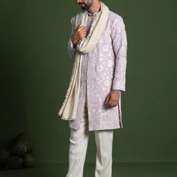 KALPRAAG Men Ethnic Motifs Embroidered Regular Sequinned Kurta with Trousers & With Dupatta image 4