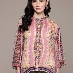 Label Ritu Kumar Floral Print Mandarin Collar Flared Sleeves Chiffon Shirt Style Top-53