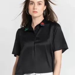 SHAYE Black Shirt Collar Embroidered Short Sleeves Casual Top For Women-image-83