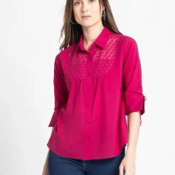SHAYE Pink Shirt Collar Three-Quarter Sleeves Casual Top For Women-picture-37