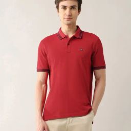 Arrow Sport Red Cotton Regular Fit Self Pattern Polo T-Shirt-17