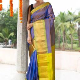 Unnati Silks Blue & Green Silk Textured Pattern Saree With Unstitched Blouse-image-25