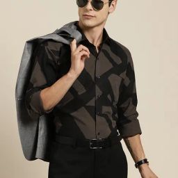 Hancock Black & Grey Cotton Slim Fit Printed Shirt-image-82