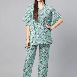 YASH GALLERY Blue Cotton Printed Kaftan Pyjama Set-picture-5