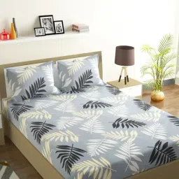 Romee Floral Grey 144 TC Cotton Queen Sized Bed Sheet with 2 Pillow Covers-image-96