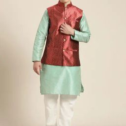 Sojanya Green & Maroon Regular Fit Self Pattern Kurta Set With Jacket-image-29