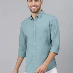 Dennis Lingo Teal Cotton Slim Fit Shirt-image-99